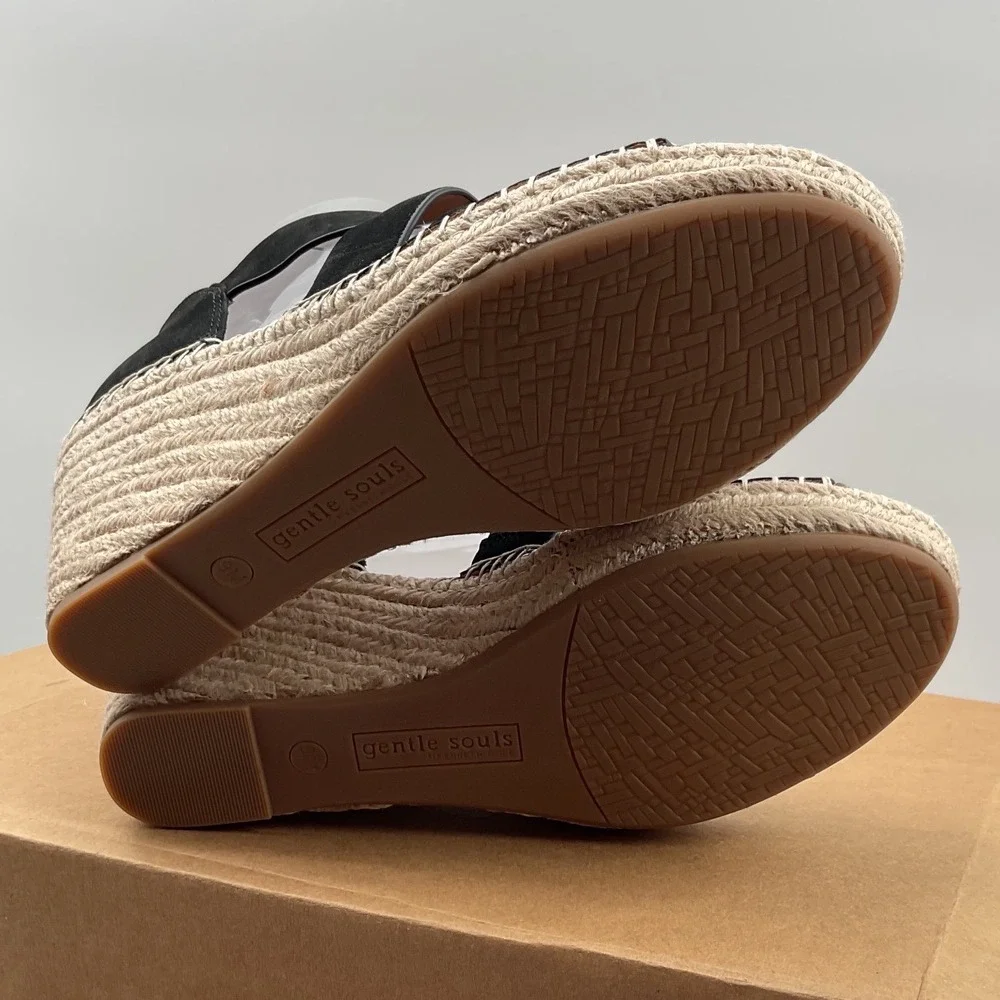 Gentle Souls Kenneth Cole Black Leather Espadrille Wedge Sandals Womens 9M